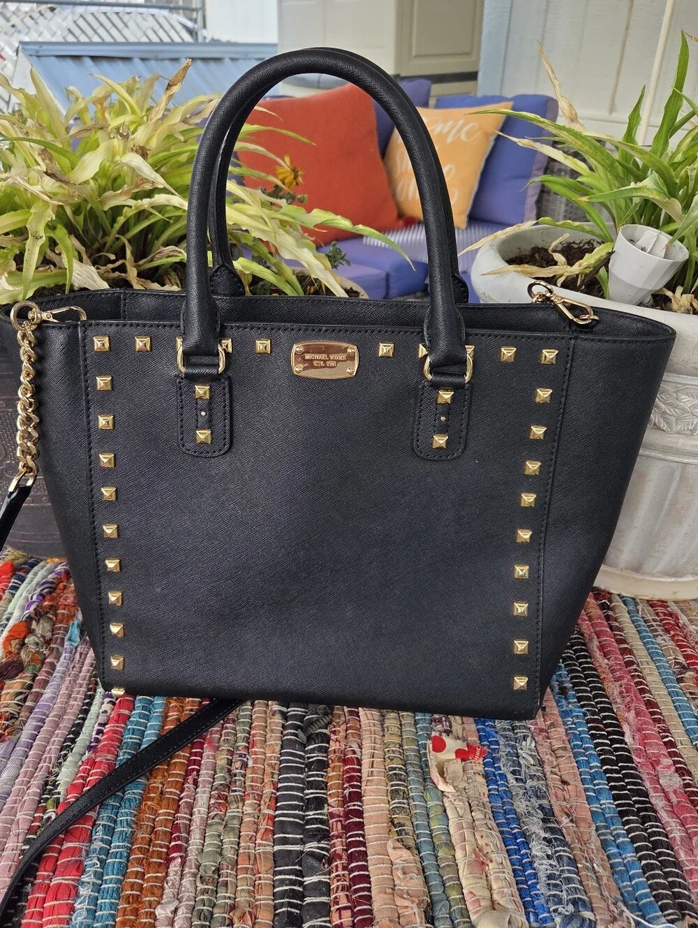 Michael Kors Saffiano Leather Black PX-1704 Sandrine Studded Tote Bag